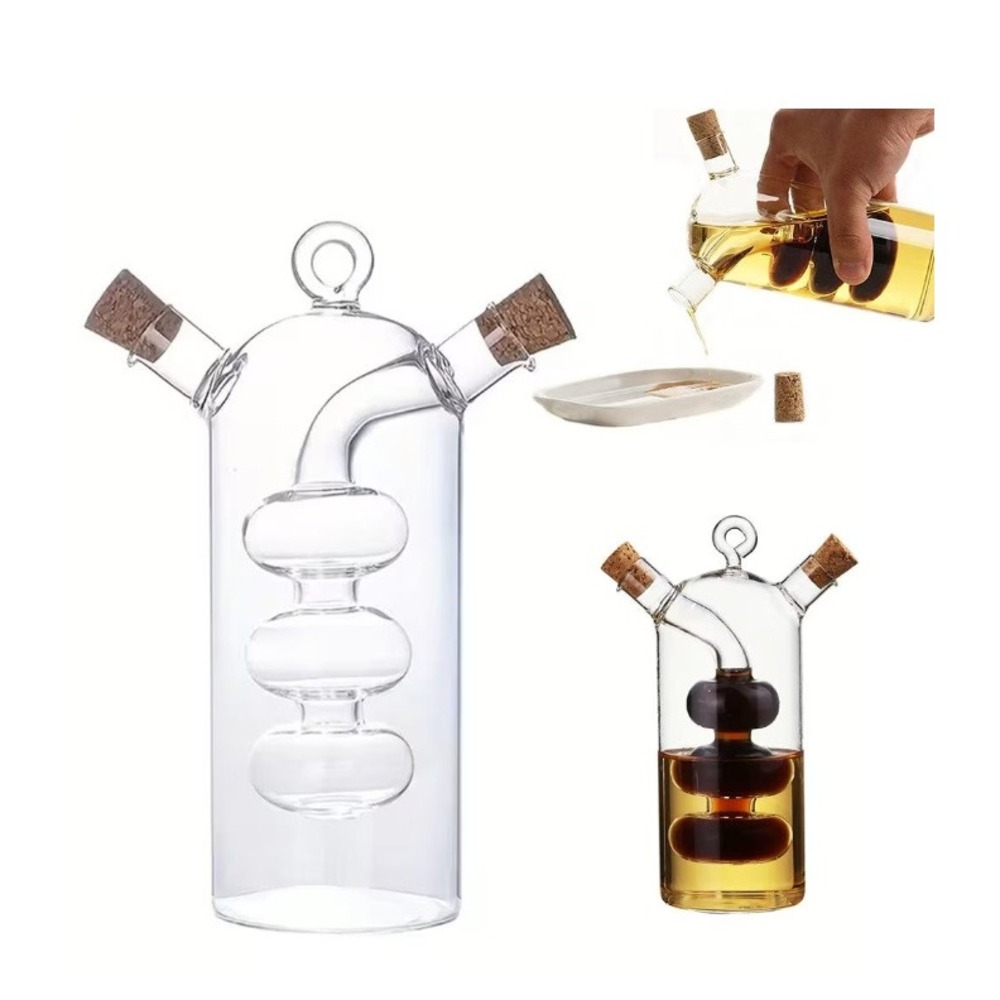 2-in-1 Glass Oil and Vinegar Cruet Dispenser with Cork Stoppers Clear Handblown